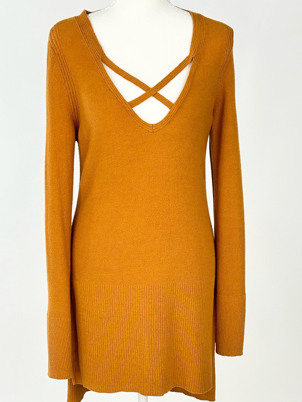 Free People Crisscross V-Neck High Low Tunic Sweater Ochre S
